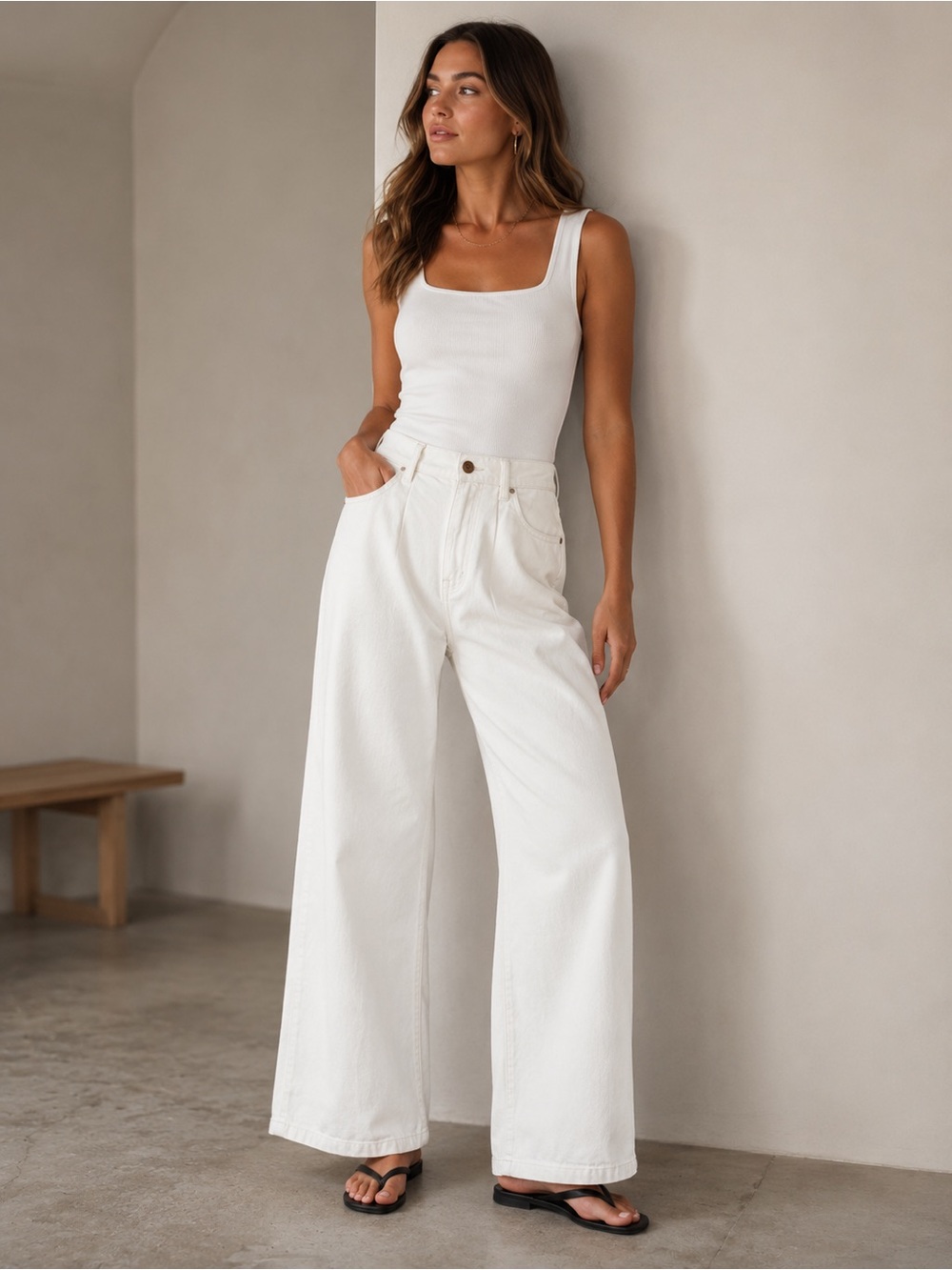 Gap Trouser Pleated High Rise Off White Wide Leg Long‎ Denim Jeans